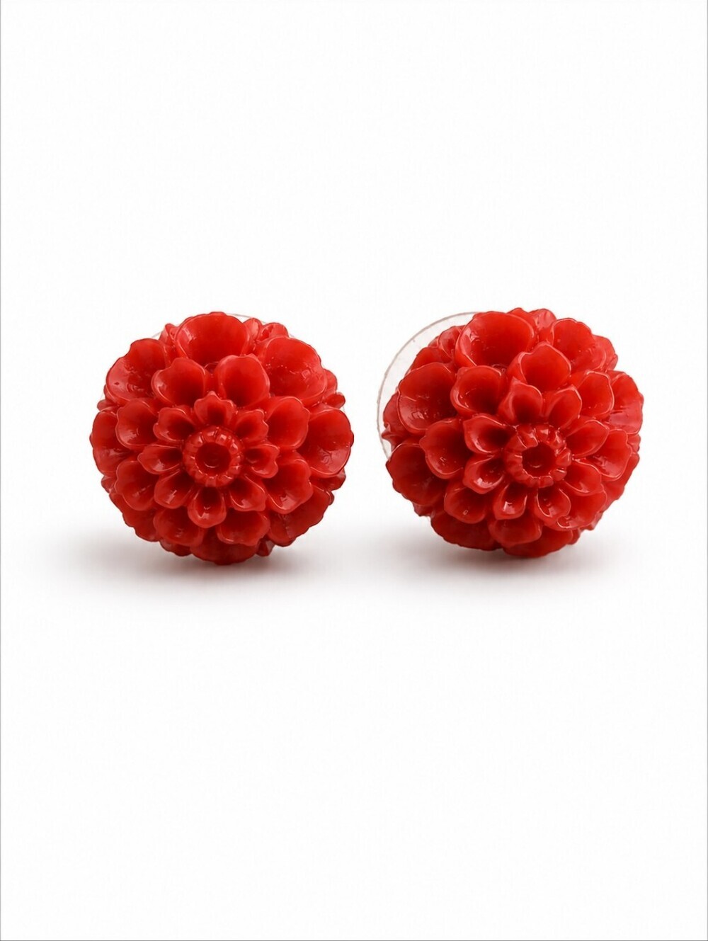 VTG Fairycore Estate Dainty Red Lucite Mum Flower Button Post Earrings